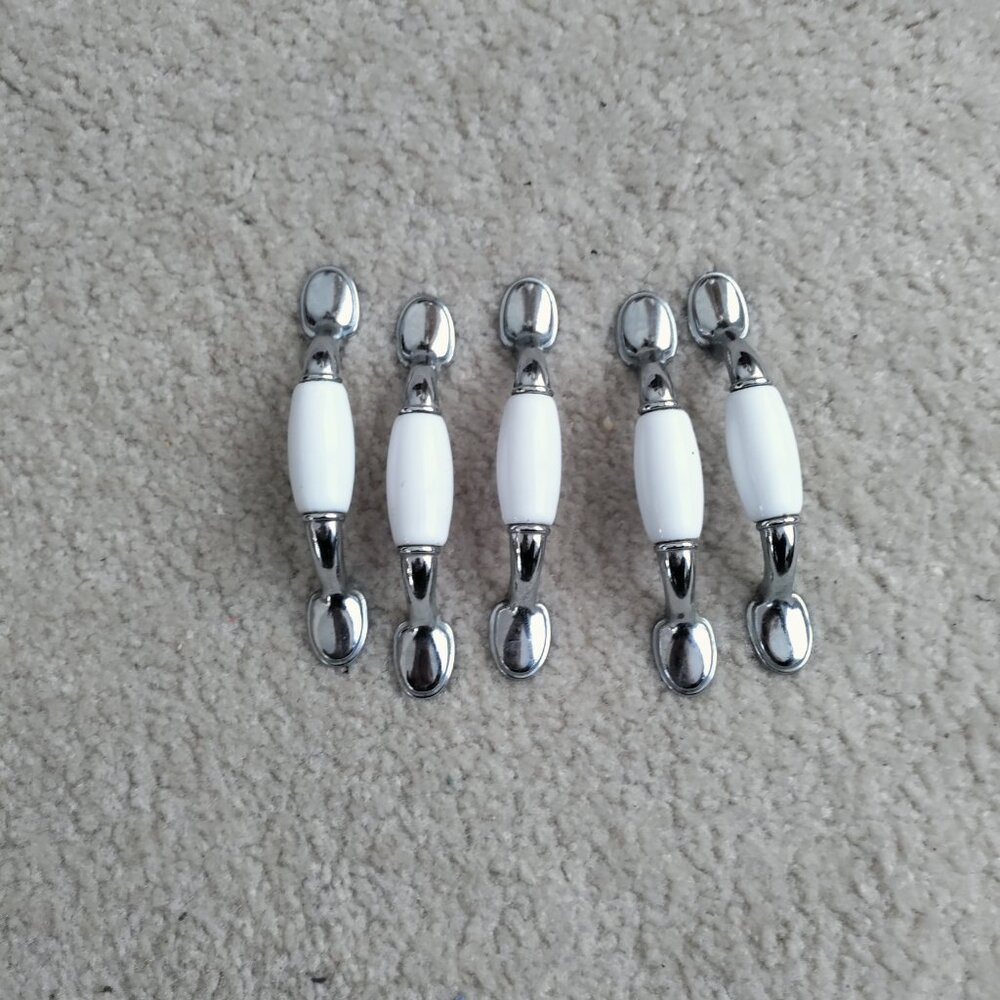 5 Chrome & White Ceramic Cabinet Drawer Pull Handles 5"